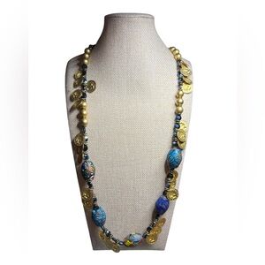 Vintage Millefiori, Gold and Blue Beaded Necklace